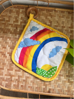 Vintage Rainbow Cloud Quilted Potholder Yellow Border Boho Kitchen